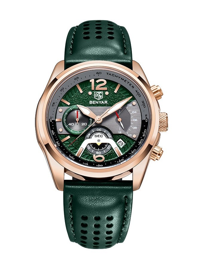 BENYAR Watches for Men Luxury Quartz Water Resistant Watch Men's Chronograph Genuine Leather Strap 5171 Green - Image 1